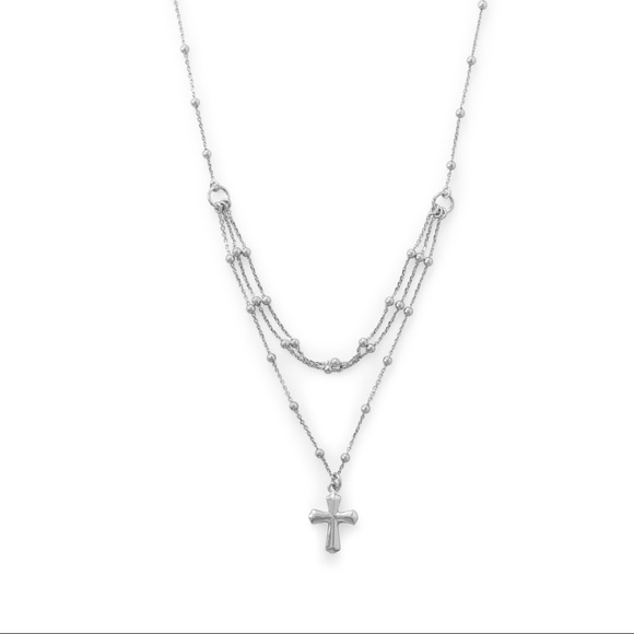Rhodium Plated Three Row Necklace with Cross - Picture 1 of 1